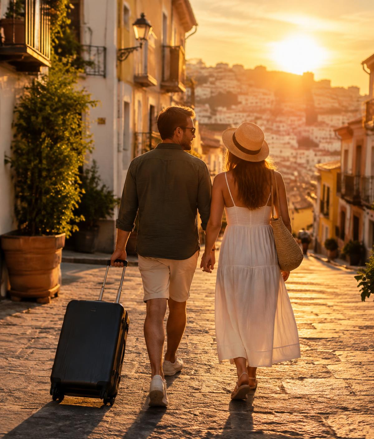 Pareja llegando a su nueva ciudad en España